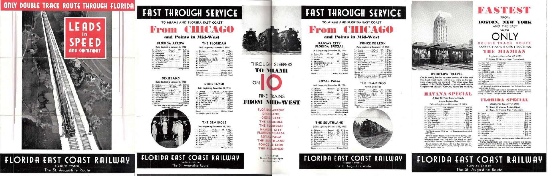 A Florida East Coast Railway timetable from 1935, showing the segregated transportation infrastructure of the period.