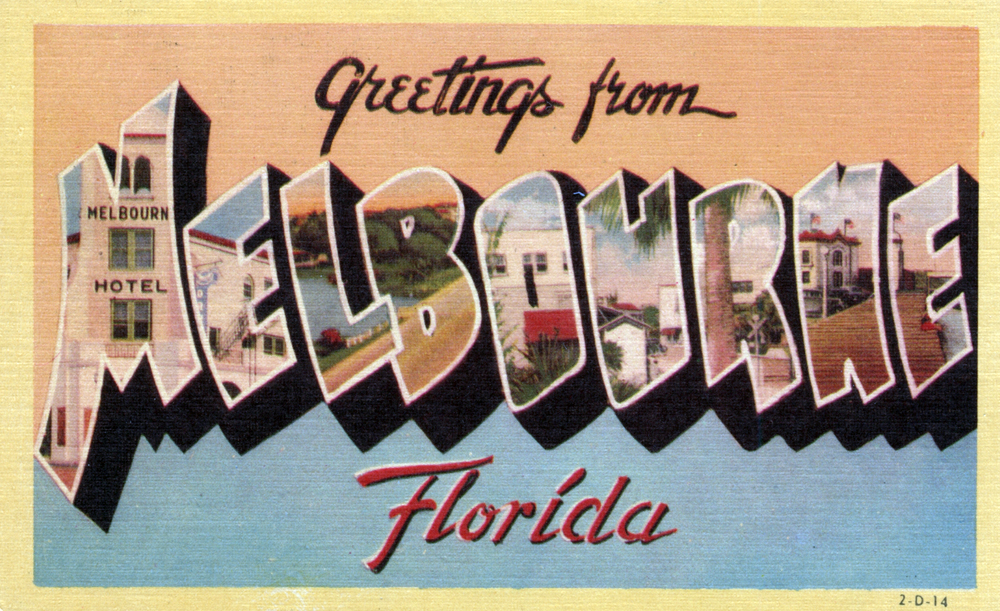 A 'Greetings from Melbourne, Florida' vintage large-letter postcard.