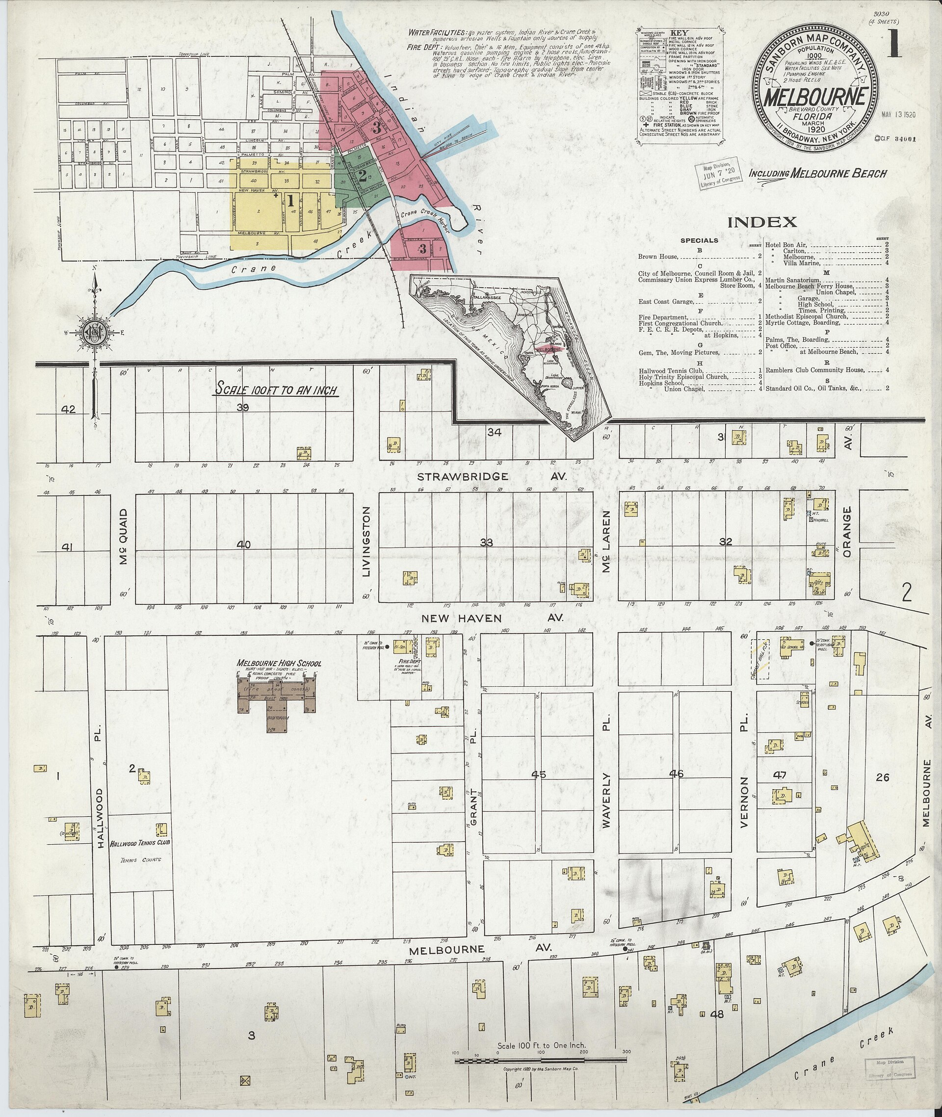 A 1920 Sanborn Fire Insurance Map of Melbourne, Brevard County, Florida, showing the historic downtown grid in detailed line work.
